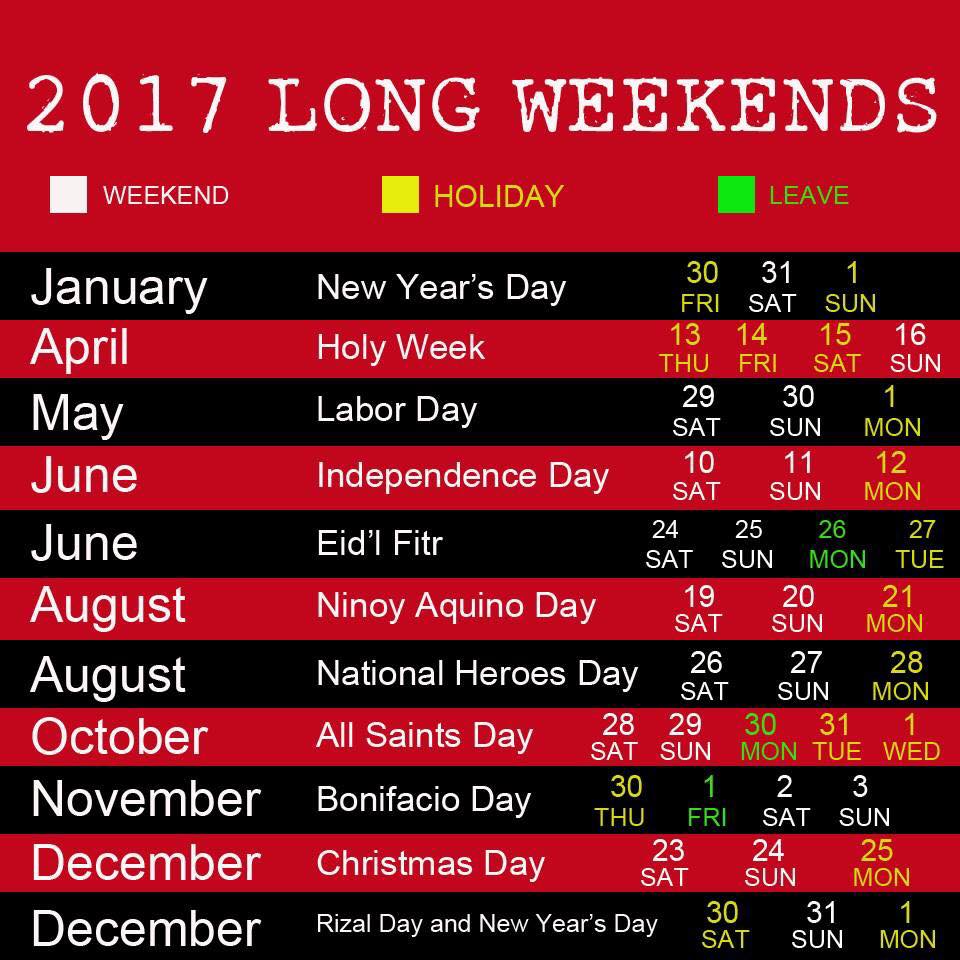 Enjoy 2017 Long Weekends