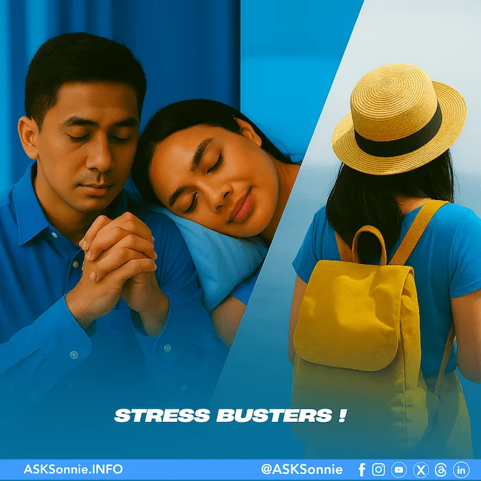PRAY, SLEEP or REST and TRAVEL. Mental Wellness Filipino Square Two Filipinos relaxing—one praying, the other resting—symbolizing balance through prayer, sleep, and travel as pathways to mental wellness.