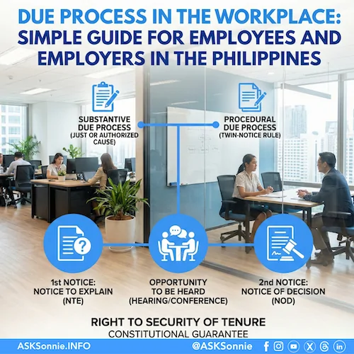 Team in a Philippine workplace reviewing due process policies during a meeting, with laptops and documents on the table.