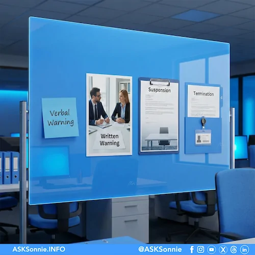 Progressive discipline visual showing multiple workplace scenarios on digital screens, illustrating structured HR processes and employee coaching