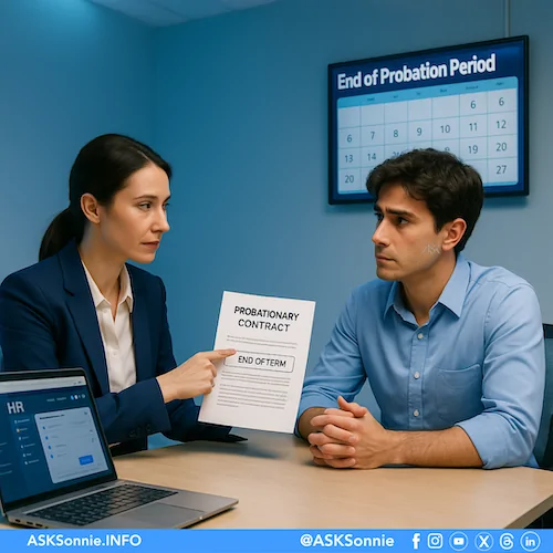 HR manager discusses the end of a probationary contract with an employee, showing a document labeled “End of Term” during a formal meeting.