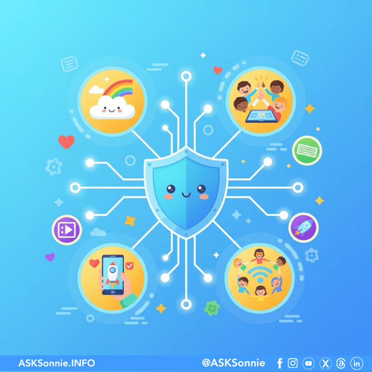 Illustration representing cyber wellness in the Philippines — featuring connected digital icons symbolizing empathy, safety, and responsible online behavior against a blue background.