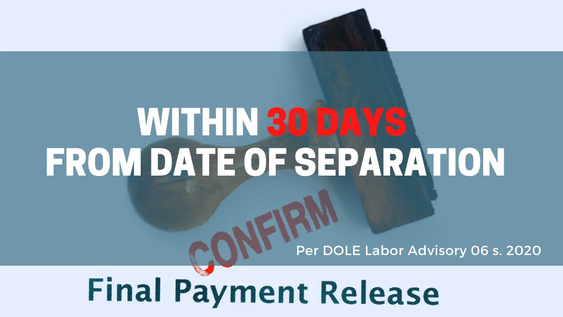 Final pay 30-day release rule illustrated on a workplace compliance banner referencing DOLE Labor Advisory 06-20.
