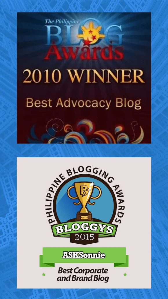 ASKSonnie.INFO awards collage showing the Philippine Blog Awards 2010 Best Advocacy Blog and the Philippine Blogging Awards 2015 Best Corporate and Brand Blog.