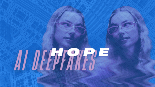 Two mirrored women overlaid with circuit patterns and blue tones, with bold text reading 'AI driven cyberbullying' and 'HOPE' in white, emphasizing optimism in combating AI threats.