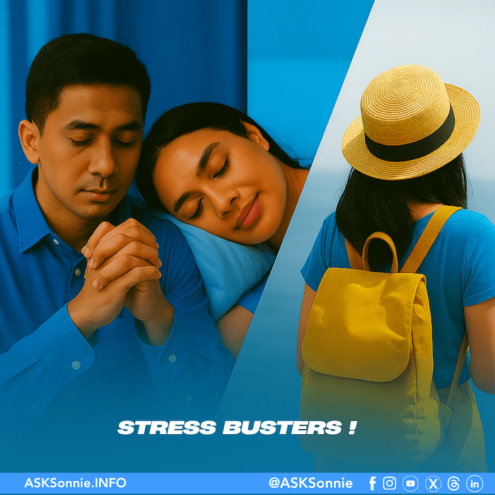 Two Filipinos relaxing—one praying, the other resting—symbolizing balance through prayer, sleep, and travel as pathways to mental wellness.