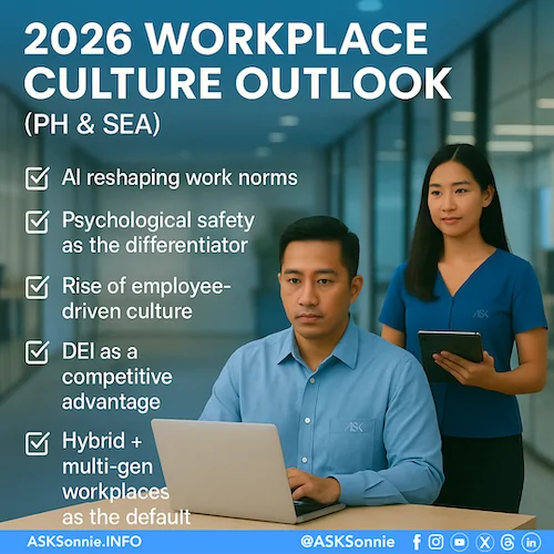 Two Filipino professionals collaborating in a modern office setting, representing the 2026 AI and workplace culture outlook in the Philippines and Southeast Asia.