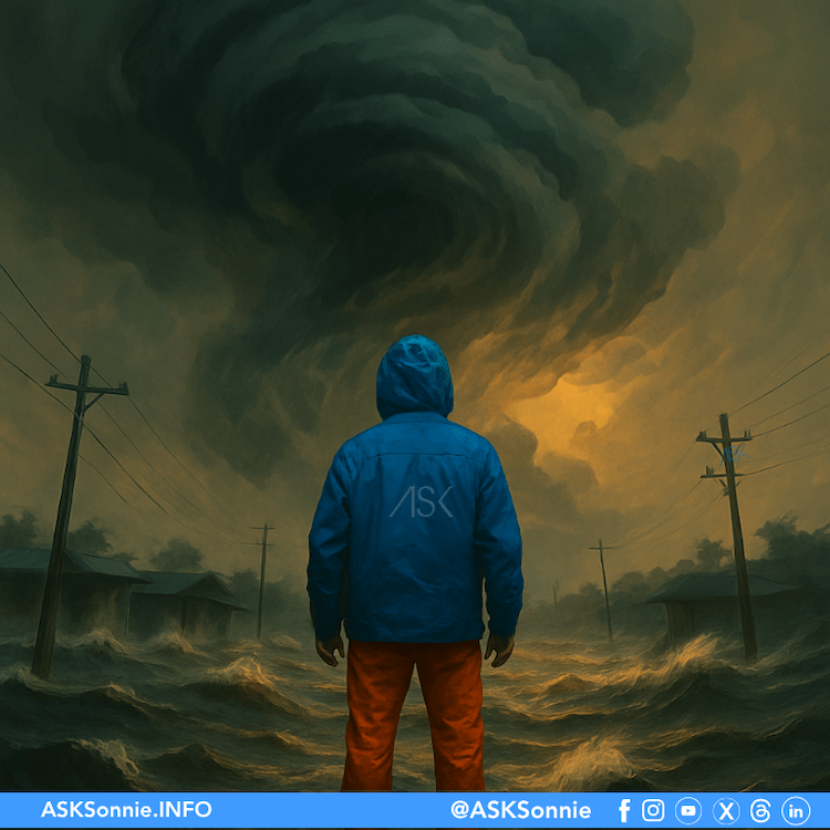 Person in a blue hooded jacket and orange pants standing knee‑deep in floodwaters under dark swirling storm clouds, symbolizing employee resilience and business continuity during typhoons