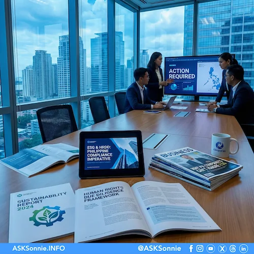 ESG and HRDD in the Philippines illustrated through a workplace scene showing Filipino professionals reviewing sustainability and human-rights due-diligence data.