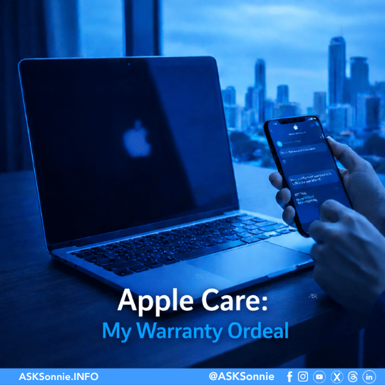 Apple Care warranty experience in the Philippines showing a denied claim and customer service escalation, branded with ASKSonnie colors
