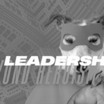 Black and white image of a dog wearing a superhero mask and cape, with the words "LEADERSHIP BEYOND HEROISM" overlaid.