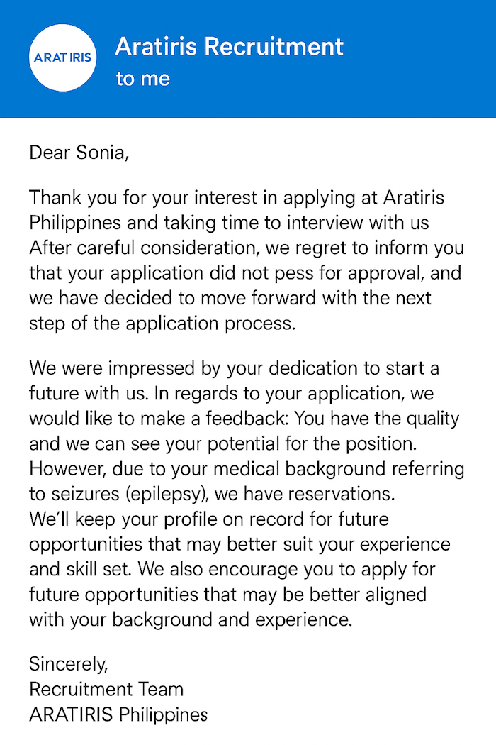 HR liability rejection email Screenshot mockup of an HR rejection email highlighting discriminatory wording about epilepsy.