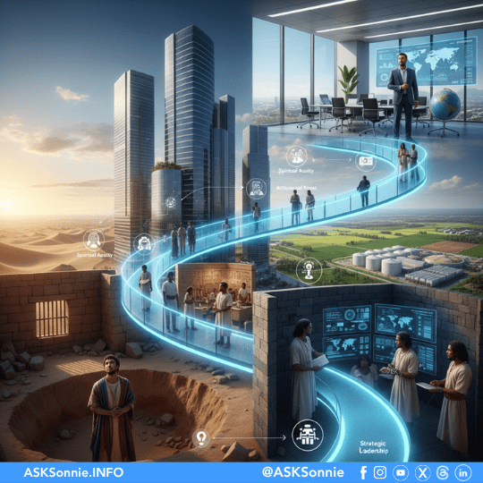 Joseph Leadership Lessons Modern executive standing at a boardroom table blended with ancient Egyptian pillars and pyramids, illustrating Joseph COO training and biblical executive leadership from Genesis 37–45.